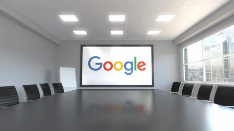 Google logo on the screen in a meeting room. Editorial 3D animation Stock Footage 87621061