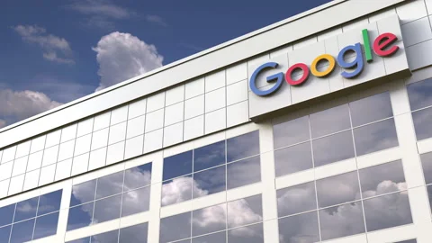 Google logo on top of a modern building. Editorial conceptual 3d animation Stock Footage 135571882