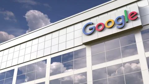 Google logo on top of a modern building. Editorial conceptual 3d rendering Ilustración de archivo