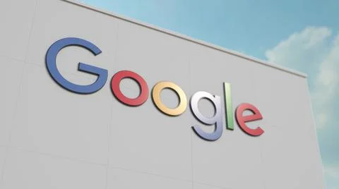 Google logo on the wall. Editorial 3D rendering Ilustración de archivo