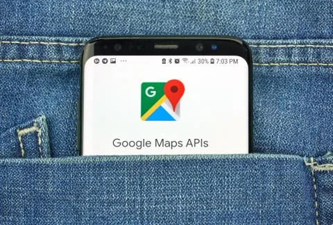Google Maps Api on a phone screen in a pocket Stock Photos