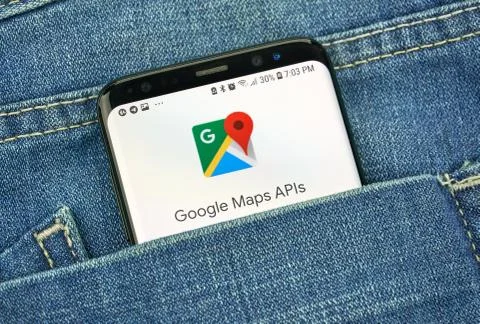 Google Maps Api on a phone screen in a pocket Stock Photos