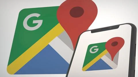 Google Maps app logo in mobile display screen and background editorial Stock Photos