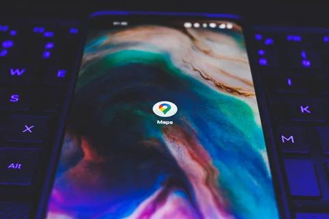 Google maps app on smartphone screen. Close up shot of google maps app Stock Photos