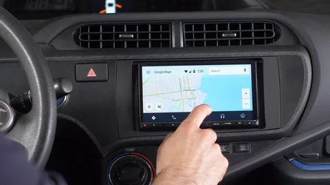 Google Maps GPS Navigation on the Touch Screen of a Car Stock Footage