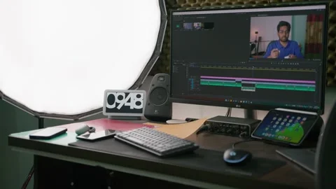 Google nest hub smart display showing a clock in a computer desk Stock Footage 223287739