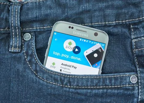 Google Pay mobile application on screen of Samsung Stock Photos