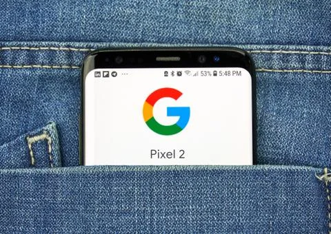 Google Pixel 2 on a phone screen in a pocket Stock Photos