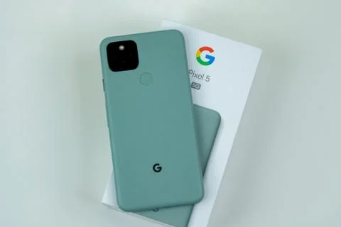 Google Pixel 5 in Sorta Sage color. Stock Photos