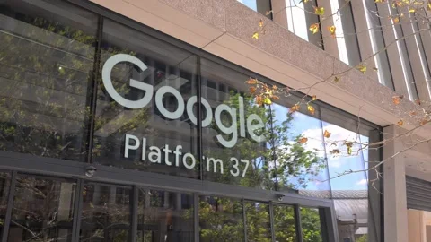 Google Platform 37 Office Glass Facade with Logo Reflections Stock Footage 345010598