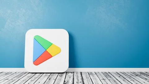 Google Play Store App 2022 Icon on Wooden Floor Against Wall Stock Illustration