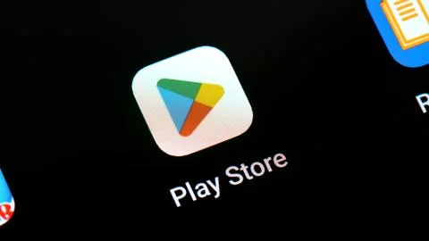 Google Play Store app application software logo icon on a smartphone tablet.. Stockfoto's