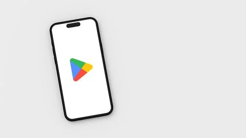 Google Play Store Logo on Mobile Phone Screen on Flat Light Gray Background w Illustrazione stock