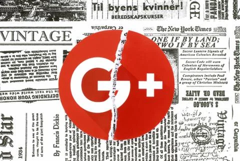 Google plus icon torn and put on retro newspaper Stock Photos