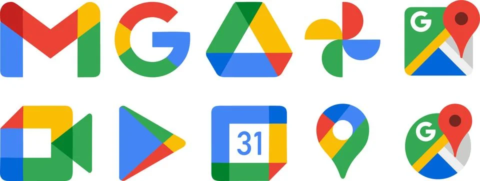 Google popular and highly using apps and services logo set. Meetup, Playsto.. Stock Illustration