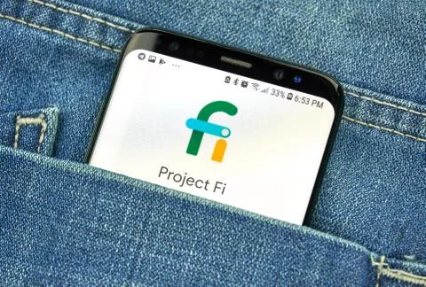 Google Project Fi on a phone screen in a pocket Stock Photos
