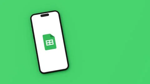 Google Sheets Icon on Mobile Phone Screen on Flat Green Background with Copy  Stock Illustration