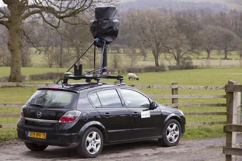 The Google street map car which is taking photographs of every street in the  스톡 사진
