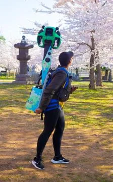 Google Street View camera operator at work 스톡 사진