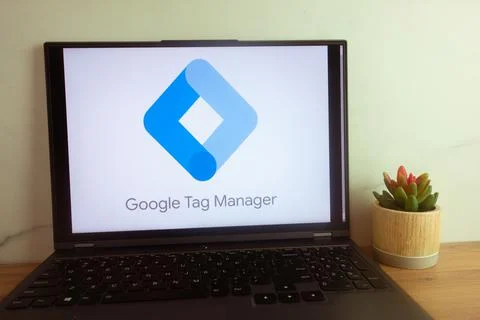 Google Tag Manager management system logo on laptop Stock Photos