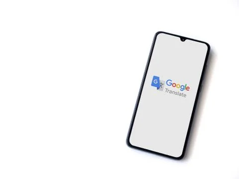 Google Translate app launch screen with logo on the display of a black mobile Stock Photos