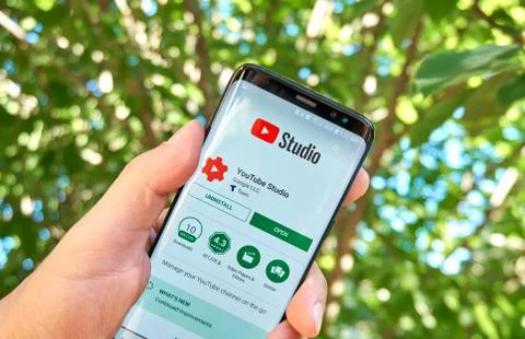 Google Youtube Studio mobile app on Samsung s8. Stock Photos