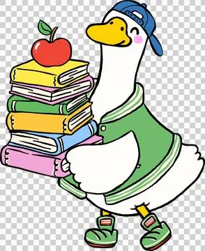 Goose Back to School Student Boy Character Carrying Books and Apple Cartoon.. 库存插图