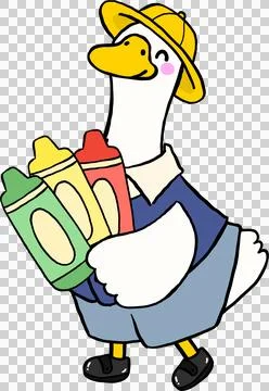 Goose Back to School Student Character Holding Crayons Cartoon Hand Drawn Stock Illustration