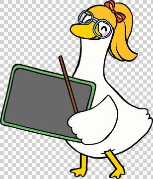 Goose Back to School Teacher Character with Blackboard Cartoon Hand Drawn Stock Illustration