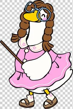 Goose Back to School Teacher Character in Pink Dress with Stick Cartoon Han.. Stock Illustration