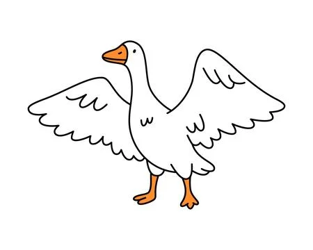 Goose flapping wings in upright pose. Cartoon line art of expressive farm bird Stock Illustration