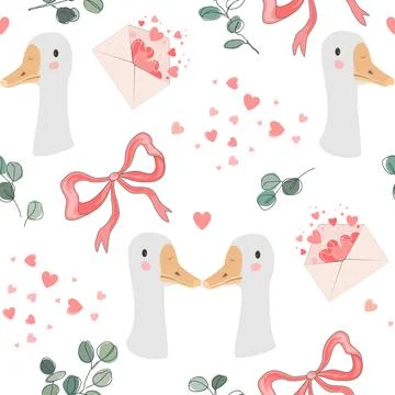 Goose Goose romantic seamless pattern. Cute Hugging birds background for Va.. Stock Illustration