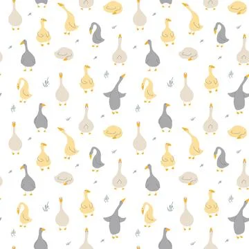 Goose Seamless Pattern. Cute Cartoon geese, Vector Illustration Background Stock Illustration