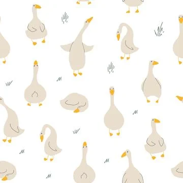 Goose Seamless Pattern. Cute Cartoon geese, Vector Illustration Background Stock Illustration