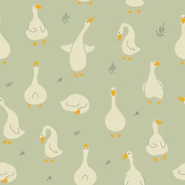 Goose Seamless Pattern. Cute Cartoon geese, Vector Illustration Background Stock Illustration