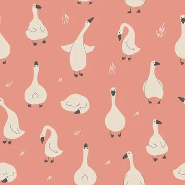 Goose Seamless Pattern. Cute Cartoon geese, Vector Illustration Background 스톡 일러스트