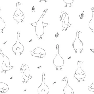 Goose Seamless Pattern. Cute Cartoon geese, Vector Illustration Background Stock Illustration