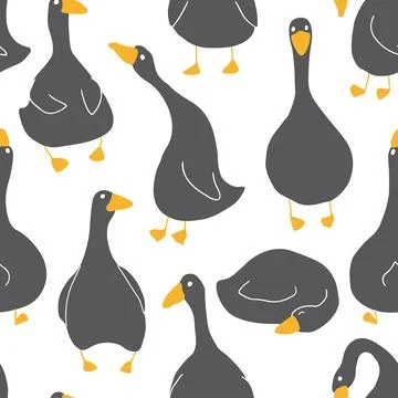 Goose Seamless Pattern. Cute Cartoon geese, Vector Illustration Background Stock Illustration
