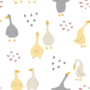 Goose Seamless Pattern. Cute Cartoon geese, Vector Illustration Background Stock Illustration