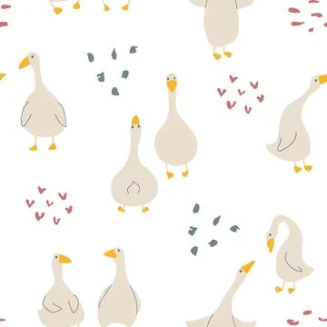 Goose Seamless Pattern. Cute Cartoon geese, Vector Illustration Background Stock Illustration