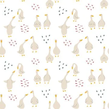 Goose Seamless Pattern. Cute Cartoon geese, Vector Illustration Background Stock Illustration