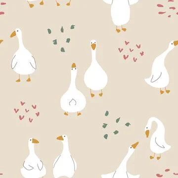 Goose Seamless Pattern. Cute Cartoon geese, Vector Illustration Background Stockillustratie