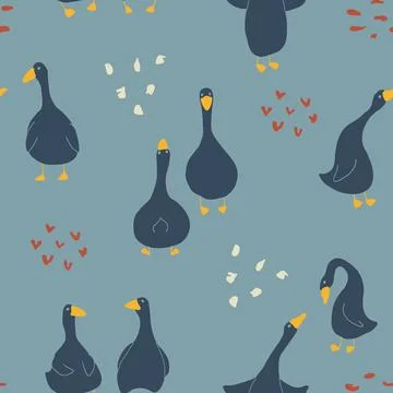 Goose Seamless Pattern. Cute Cartoon geese, Vector Illustration Background 스톡 일러스트