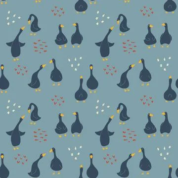Goose Seamless Pattern. Cute Cartoon geese, Vector Illustration Background Stock Illustration