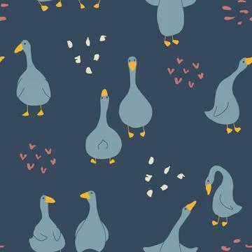Goose Seamless Pattern. Cute Cartoon geese, Vector Illustration Background Stock Illustration