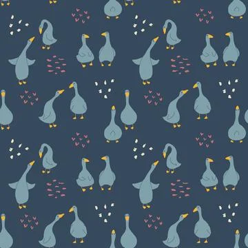 Goose Seamless Pattern. Cute Cartoon geese, Vector Illustration Background Stock Illustration