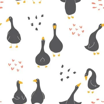 Goose Seamless Pattern. Cute Cartoon geese, Vector Illustration Background Stock Illustration