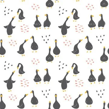 Goose Seamless Pattern. Cute Cartoon geese, Vector Illustration Background Stock Illustration