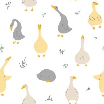 Goose Seamless Pattern. Cute Cartoon geese, Vector Illustration Background Stock Illustration