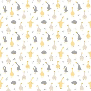 Goose Seamless Pattern. Cute Cartoon geese, Vector Illustration Background イラスト素材